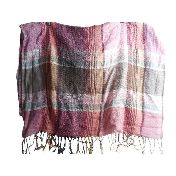 Unknown Accessories - Pink Grey checked fringe woven Scarf Shawl Wrap 26 x 72 inches